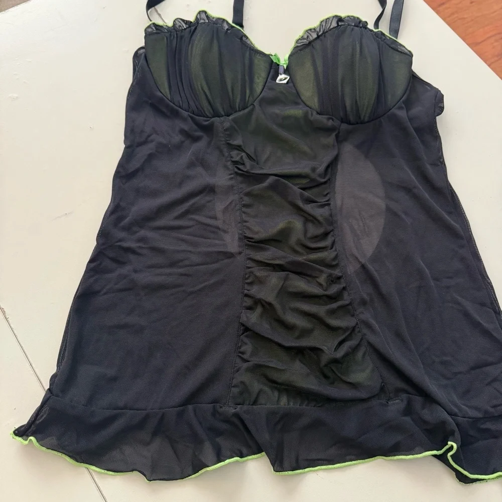Cyber Glam Neon Lime Green Black Mesh Chemise Open Back Ruffle Festival Corset - Picture 7 of 9